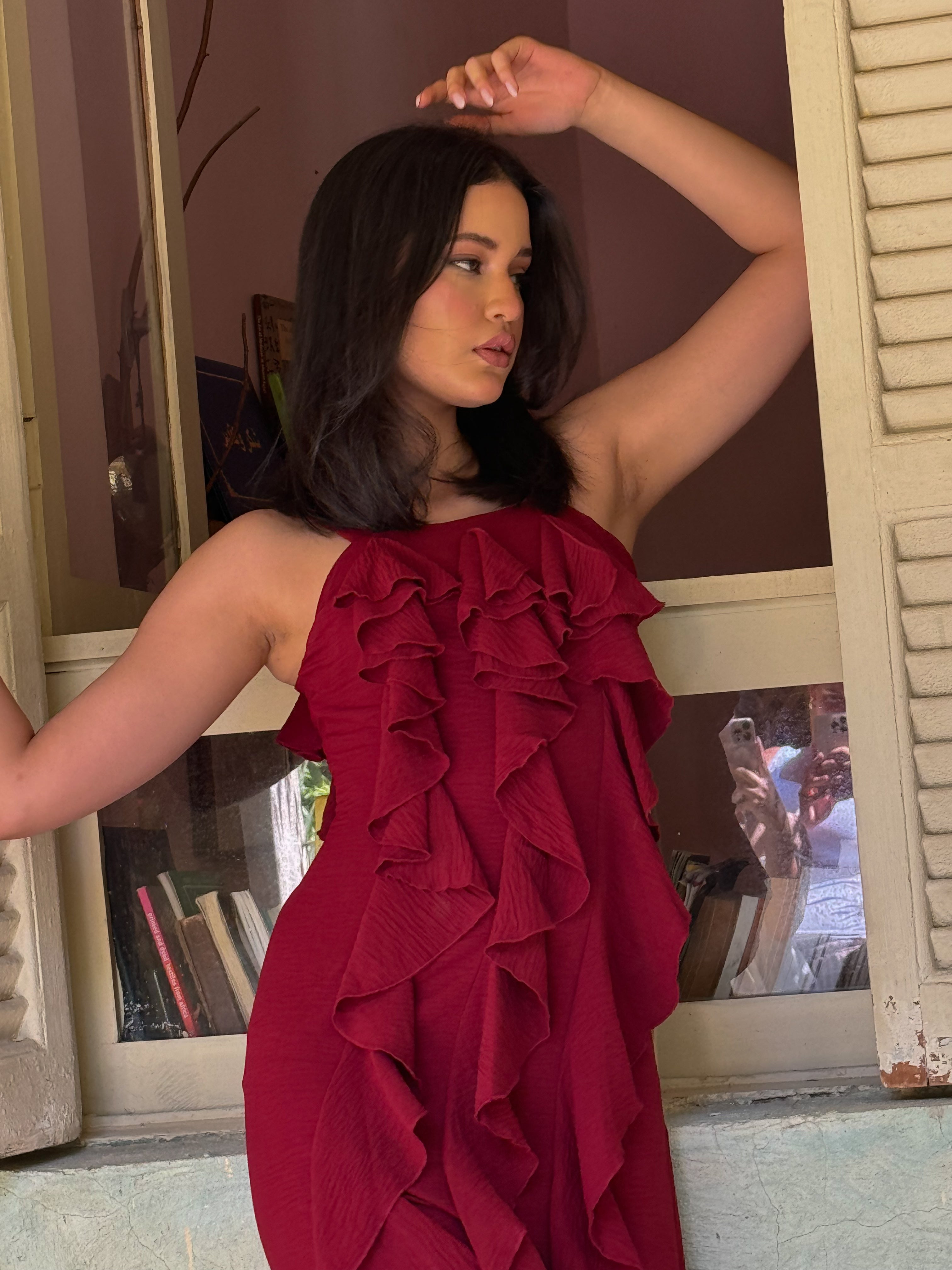 Era Ruffle maxi dress in burgundy