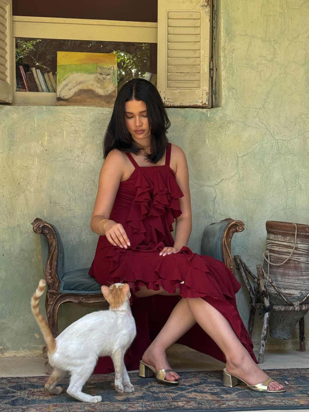 Era Ruffle maxi dress in burgundy