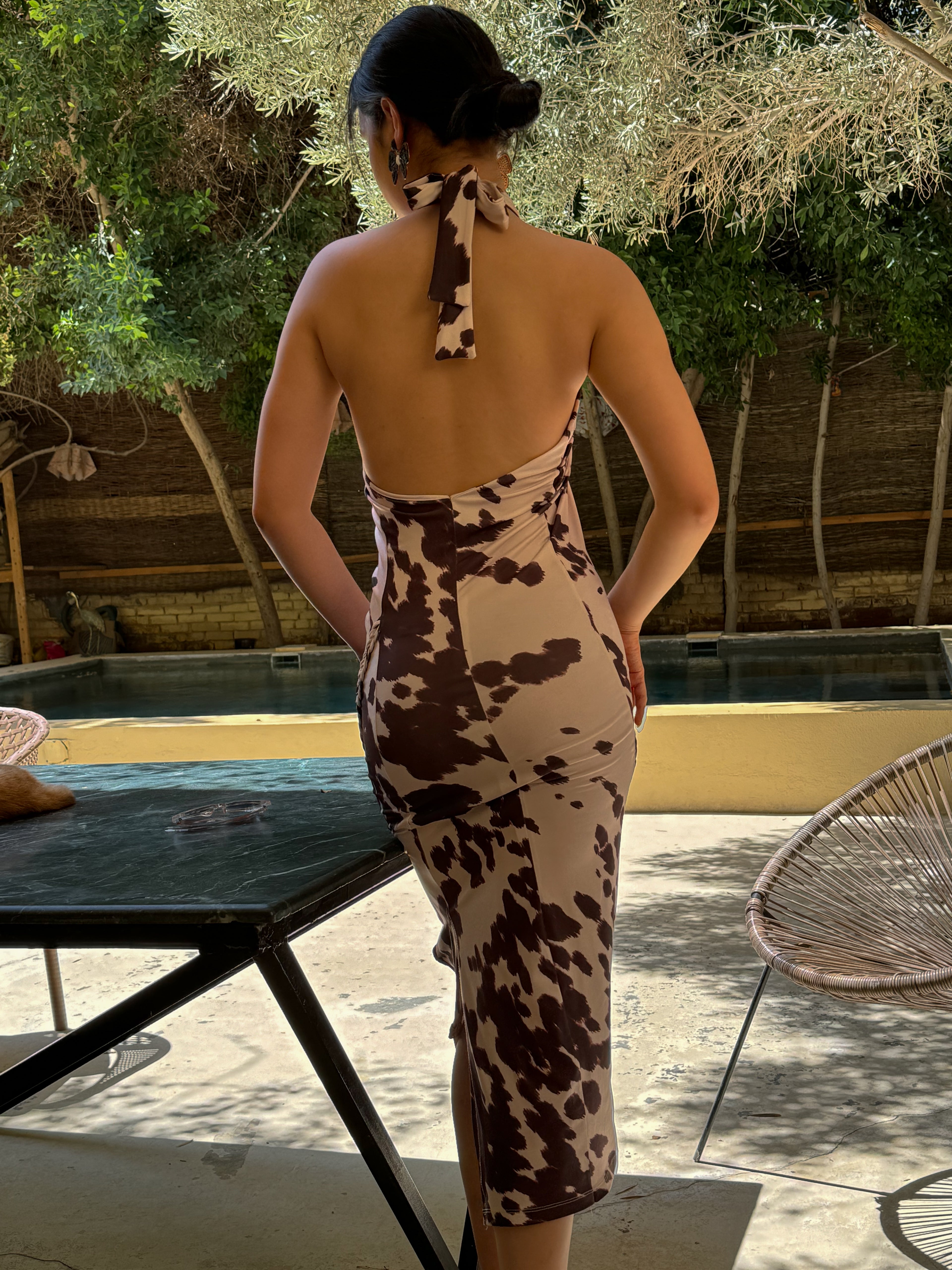 Era Cream and Brown Abstract Print Ruched Dress