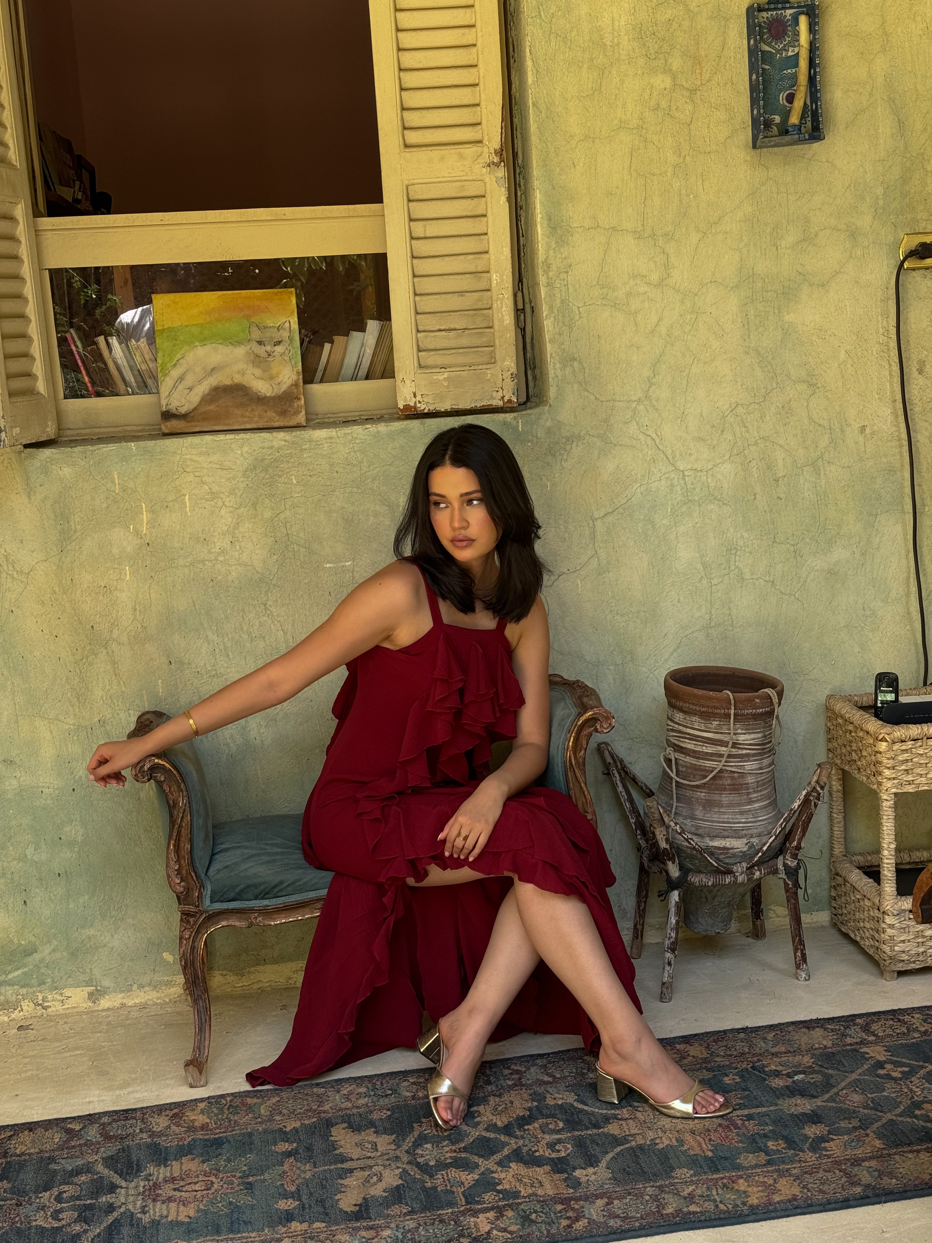 Era Ruffle maxi dress in burgundy