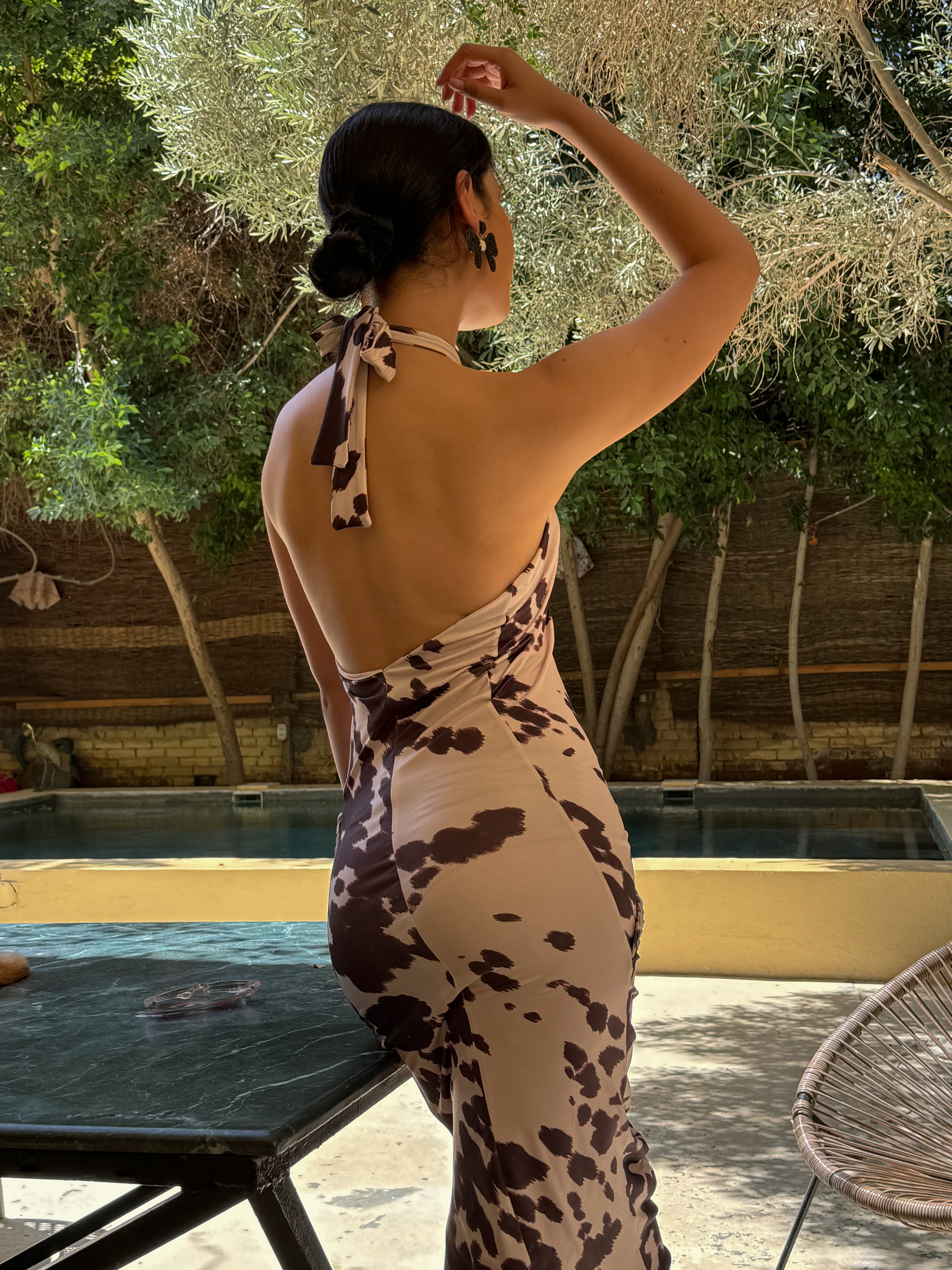 Era Cream and Brown Abstract Print Ruched Dress