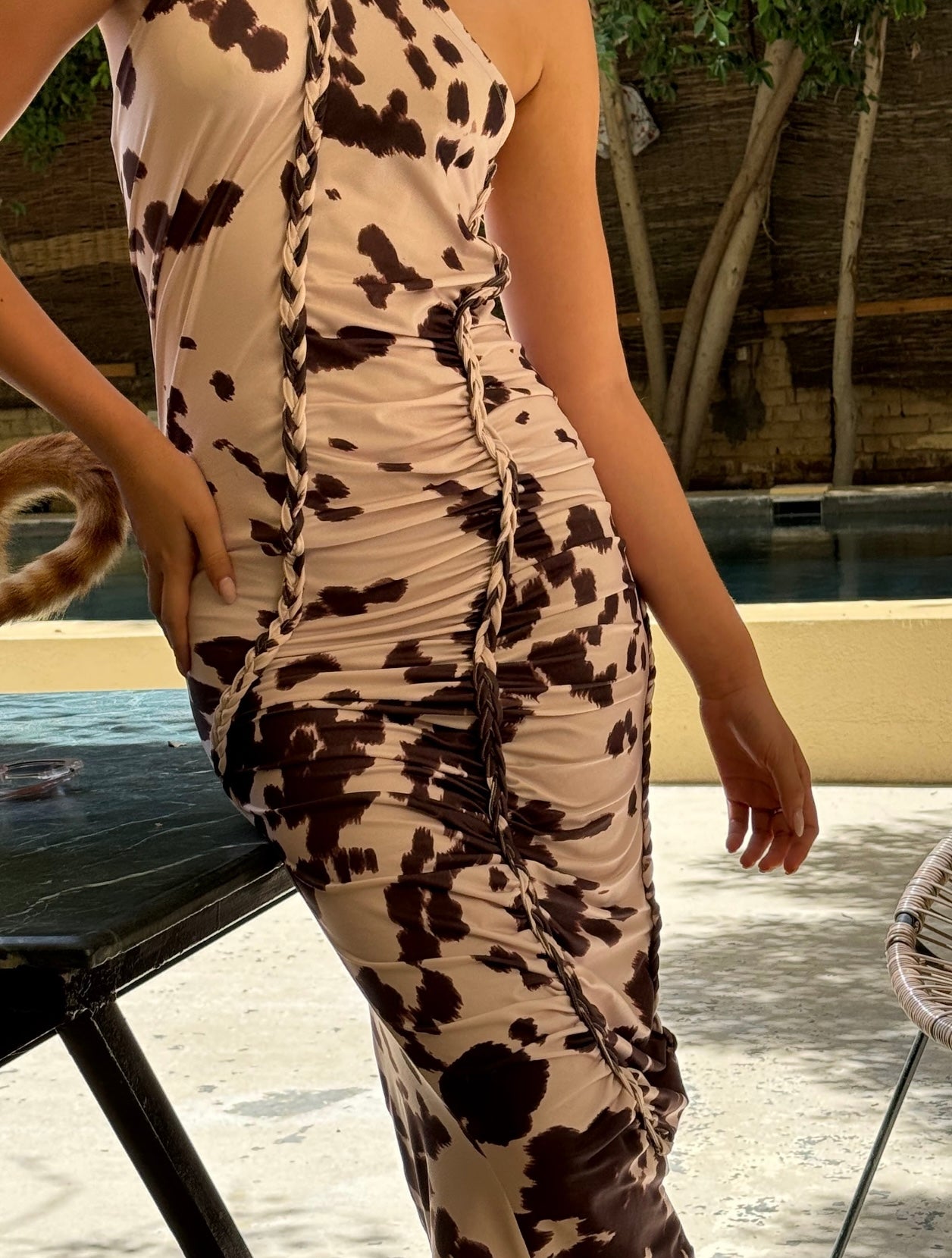 Era Cream and Brown Abstract Print Ruched Dress