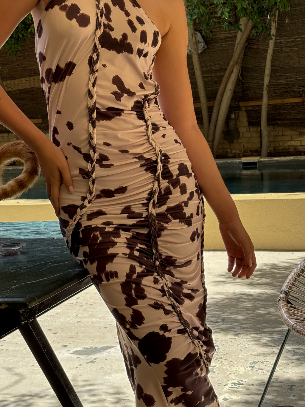 Era Cream and Brown Abstract Print Ruched Dress